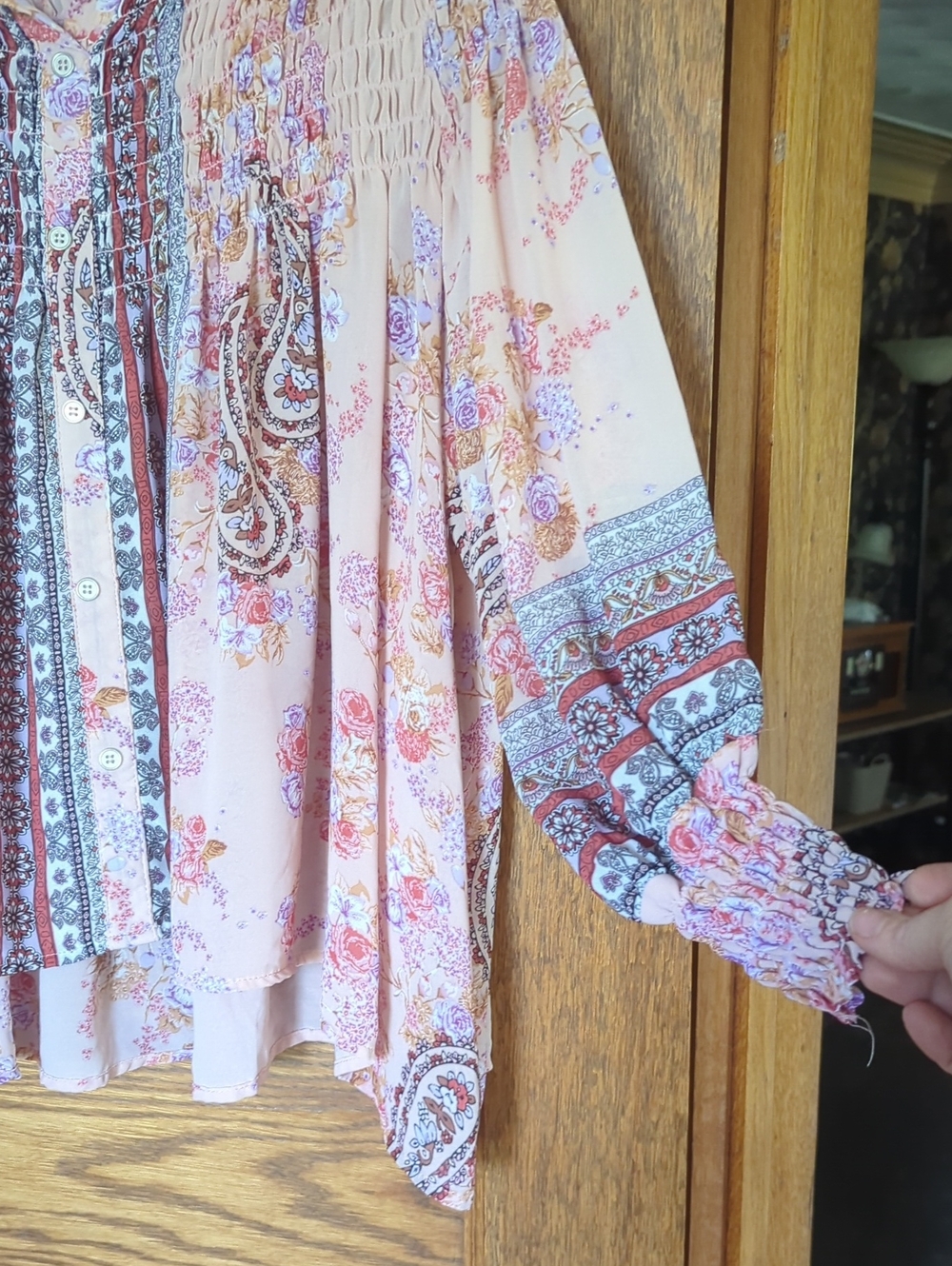 Skylar & Jade Boho Pink Floral Button-Front Women's Blouse Size L - Picture 2 of 6
